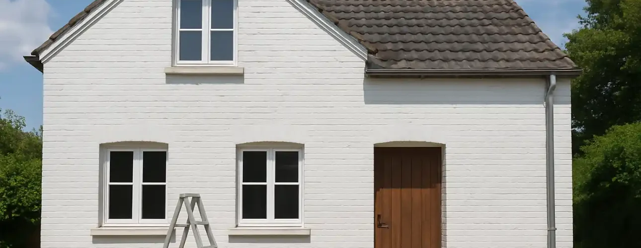 Een wit bakstenen huis met drie ramen aan de voorkant en een houten deur. Er wordt nog geschilderd, maar huis met schilderen nadelen-als frequente opknapbeurten-zijn het overwegen waard. Groene bomen en een blauwe lucht maken het plaatje compleet.