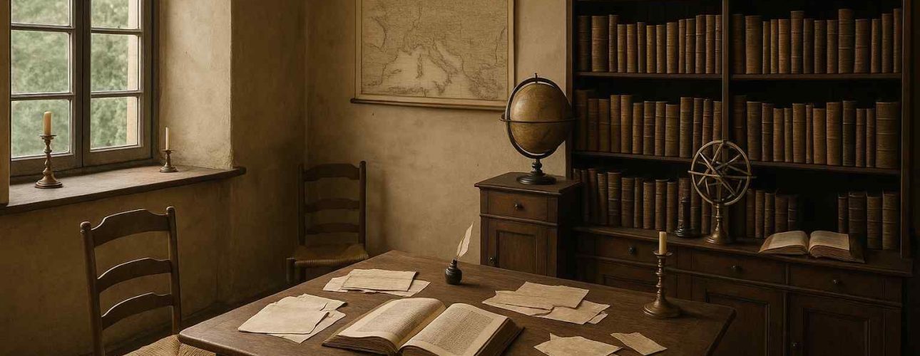 Een bruine kamer met houten bureau, stoelen en boekenkast vol boeken. Een wereldkaart hangt aan de muur. Zacht licht door groot raam.