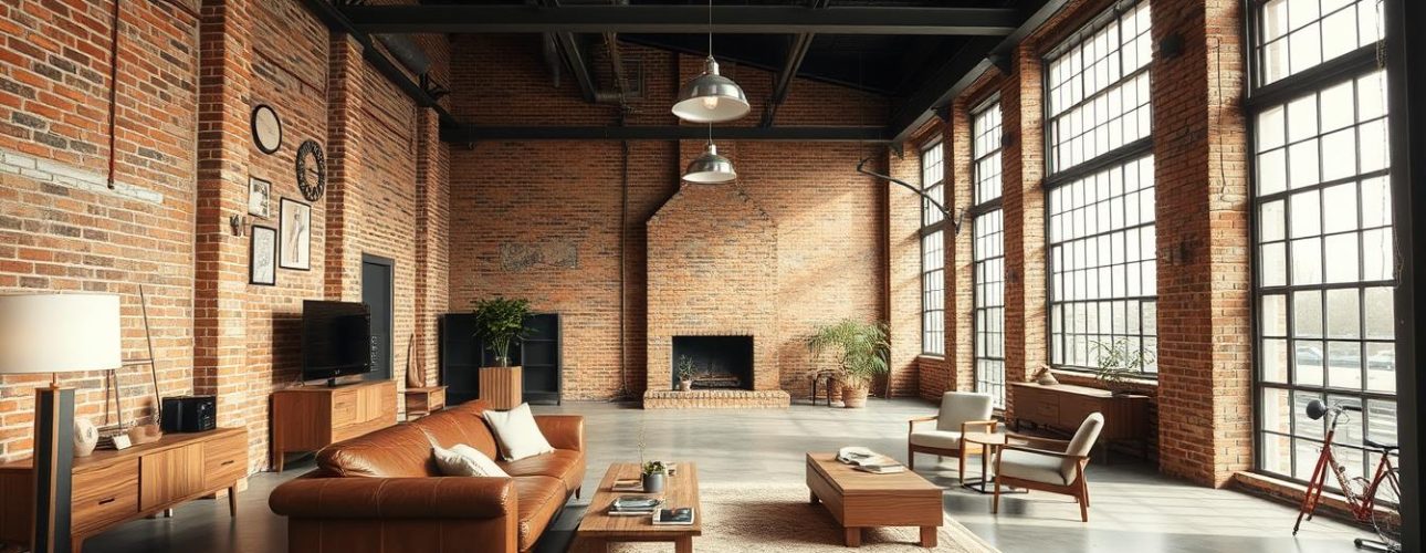 Industrieel interieur met een open ruimte, bakstenen muren, metalen elementen en houten meubels.