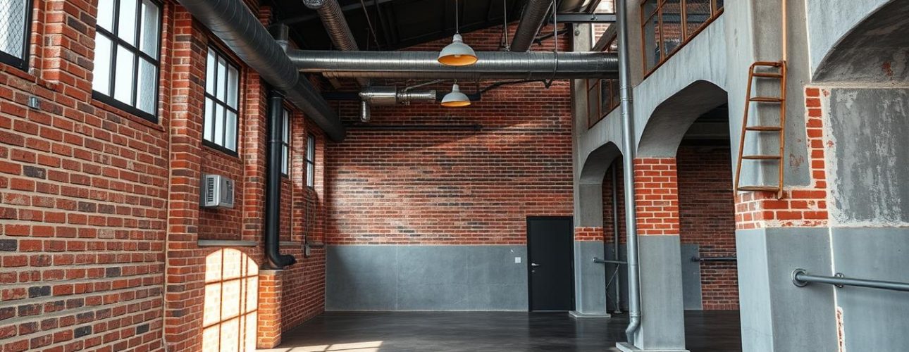 Interieur van een ruimte met bakstenen muren, metalen leidingen en een betonnen vloer.
