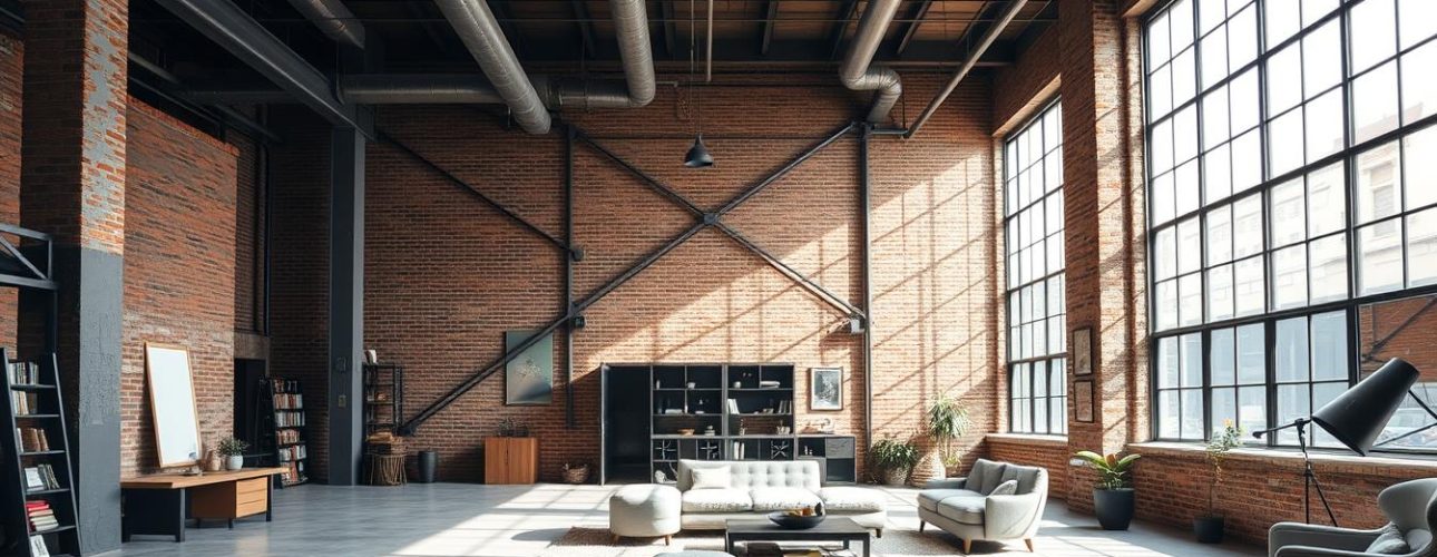 Industrieel interieur van een loft met bakstenen muren en grote ramen in New York.
