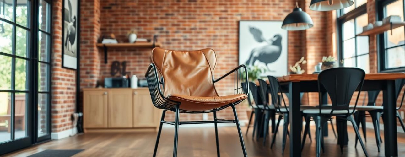 Industriele stoel met een zwart metalen frame en een leren zitting in een moderne eetkamer.