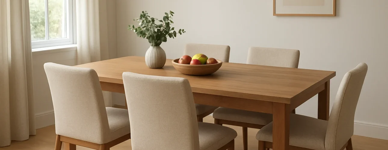 Een minimalistische eetkamer met een houten tafel, vier beige gestoffeerde stoelen en een witte vaas met groen. Je vraagt je af "Is 122 cm te breed voor een eettafel?". Hier zorgen het zonlicht en de luchtige inrichting ervoor dat de ruimte open en uitnodigend aanvoelt.