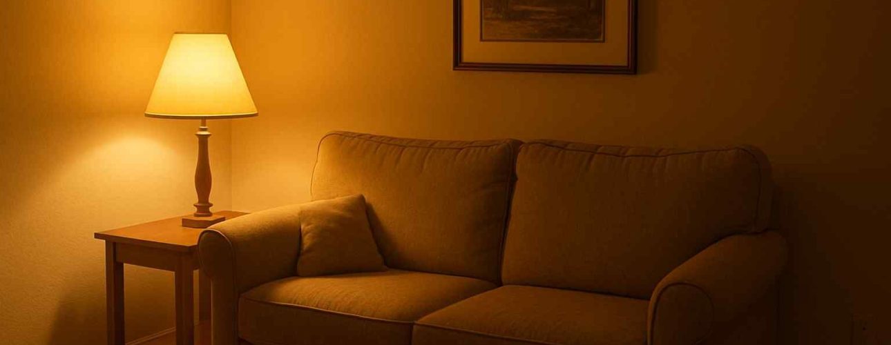 Gezellige zithoek met een comfortabele zitbank en een warme lamp. Sfeervolle verlichting en een schilderij aan de muur. Houten vloer.