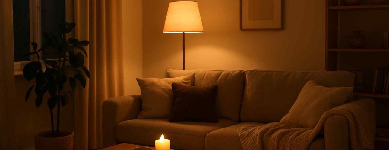 Woonkamer interieur met comfort zitbank en warme verlichting. Een kaars op de tafel, zachte kussens en een vloerlamp zorgen voor sfeer.