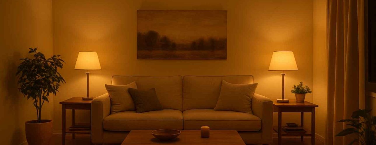 Gezellige woonkamer met zandkleurige zitbank en warme verlichting. Houten tafels en planten zorgen voor een huiselijke sfeer.