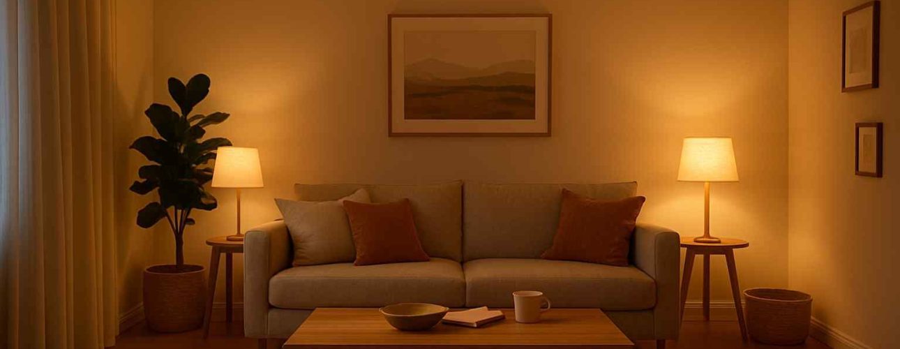 Woonkamer met een zandkleurige design zitbank, houten salontafel en warme verlichting van tafellampen. Een schilderij aan de muur.