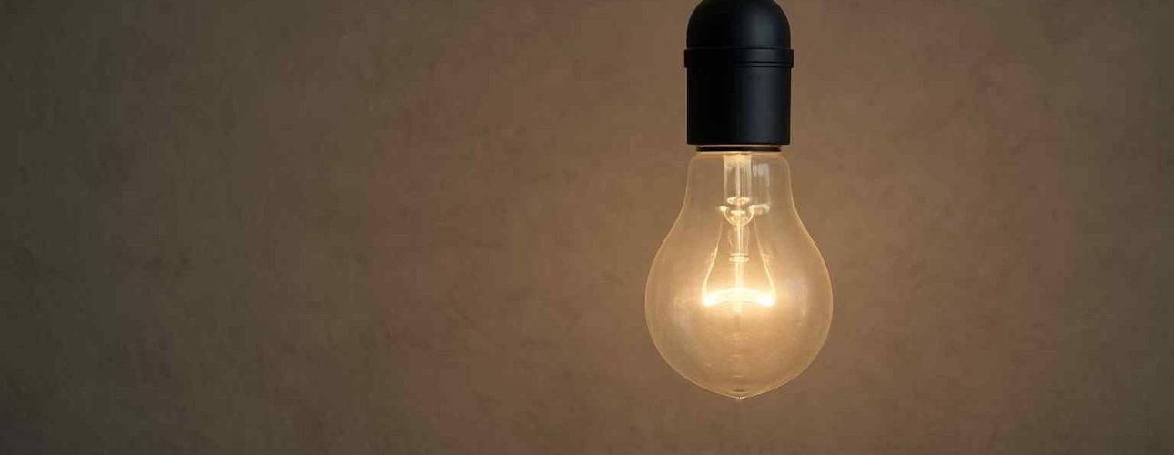 Gloeilamp met zwarte fitting tegen een bruine achtergrond. Warm licht schijnt door het heldere glas. Design lamp voor een comfortabele woonkamer.