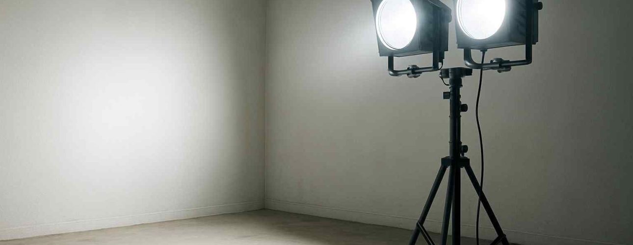 Twee heldere lampen op een statief in een lege kamer, witte muren en betonnen vloer. Sterke belichting, comfort en design in de ruimte.