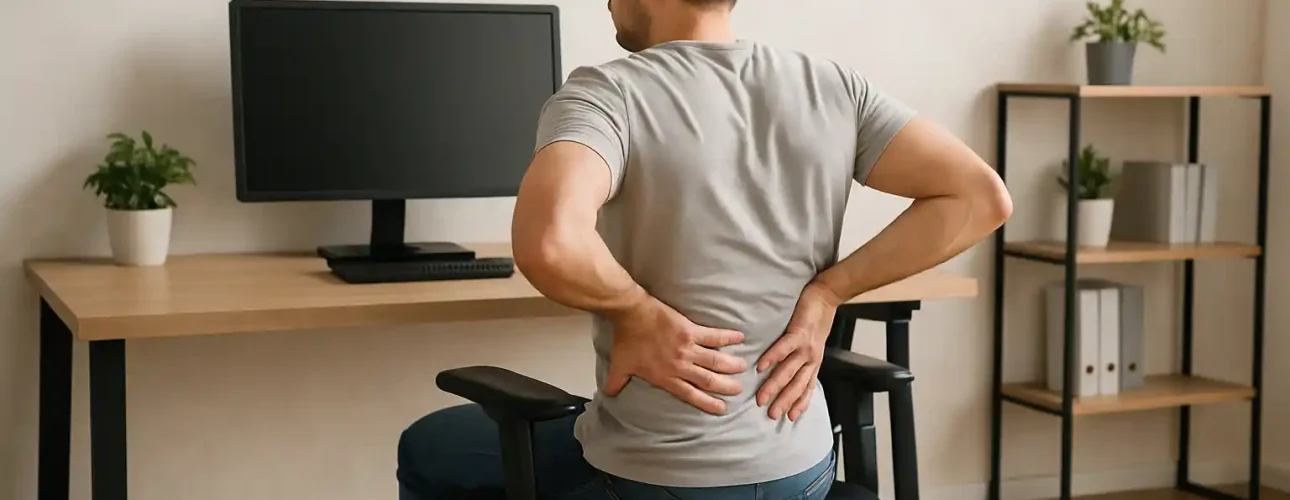 Een man zit in een bureaustoel goed voor de onderrug, maar houdt zijn onderrug nog steeds pijnlijk vast aan zijn bureau. Achter hem staan planken met planten, ordners en een computer.