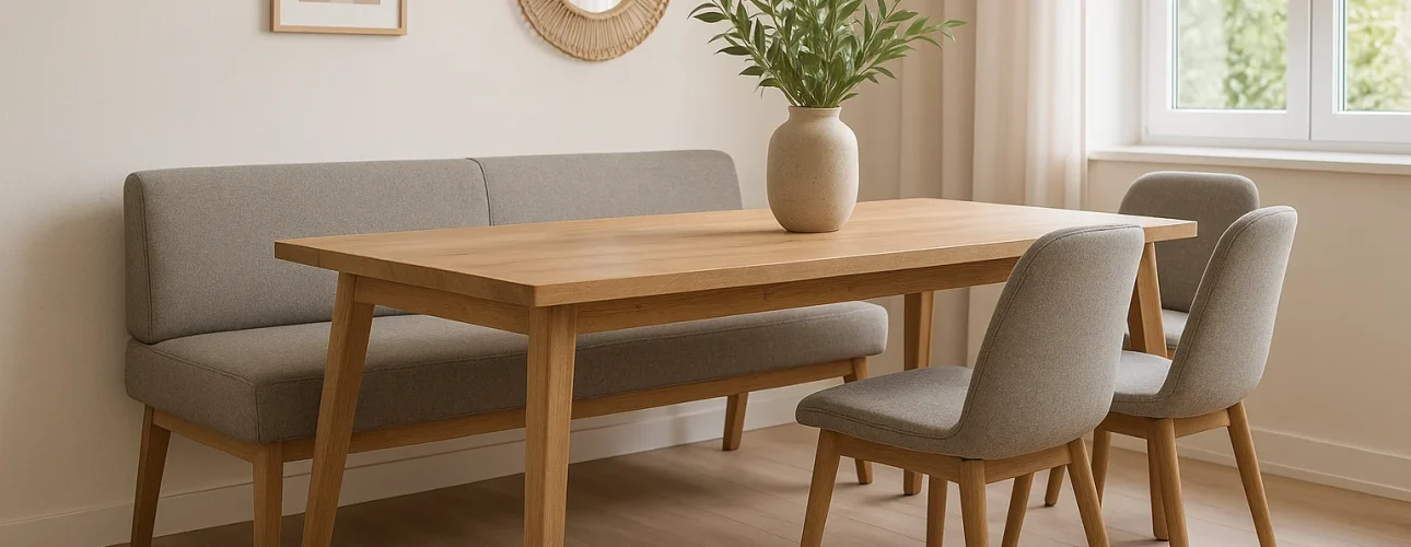 Een minimalistische eetkamer heeft een houten tafel - anders dan een salontafel of bijzettafel - twee grijs gestoffeerde stoelen, een bijpassende bank, een vaas met groene takken en neutrale wanddecoratie bij een licht raam.