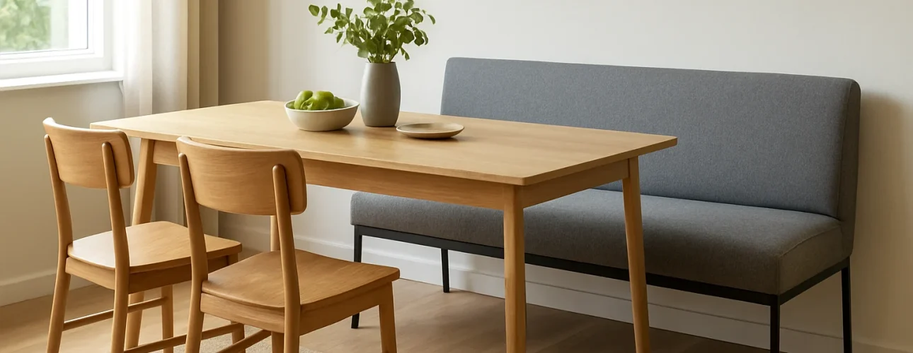 Een minimalistische eethoek met een houten tafel - perfect om te bespreken wat het verschil is tussen een salontafel en een bijzettafel - twee houten stoelen, een bank met grijze kussens, groene appels, een keramisch bord en een vaas met gebladerte bij het zonovergoten raam.