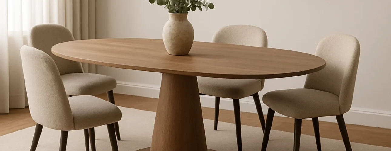 Een minimalistische eetkamer met een ronde houten tafel - perfect als je je afvraagt: "Is een ovaal een goede vorm voor een eettafel?" - vier beige gestoffeerde stoelen, een licht vloerkleed, groen in een vaas, transparante gordijnen en ingelijste kunst aan de muur.