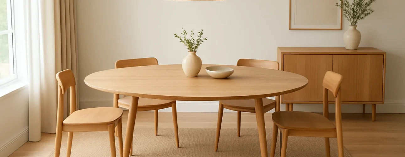 Een lichthouten eettafel met vier bijpassende stoelen staat op een beige vloerkleed. Is een ovale eettafel handig? In deze minimalistische, luchtige kamer zie je de ovale tafel, een vaas met bloemen, een schaal, decor op het dressoir en een geweven hanglamp.
