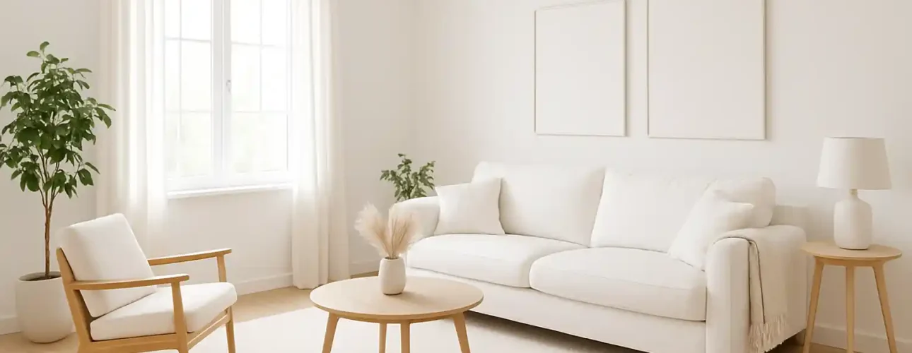 Een lichte, minimalistische woonkamer met een witte bank, een lichte houten salontafel, een fauteuil en een bijzettafel laat zien hoe slim een goede interieurkleur is. Verrijk de ruimte met twee lege kaders, planten in potten en transparante gordijnen voor een groot raam.