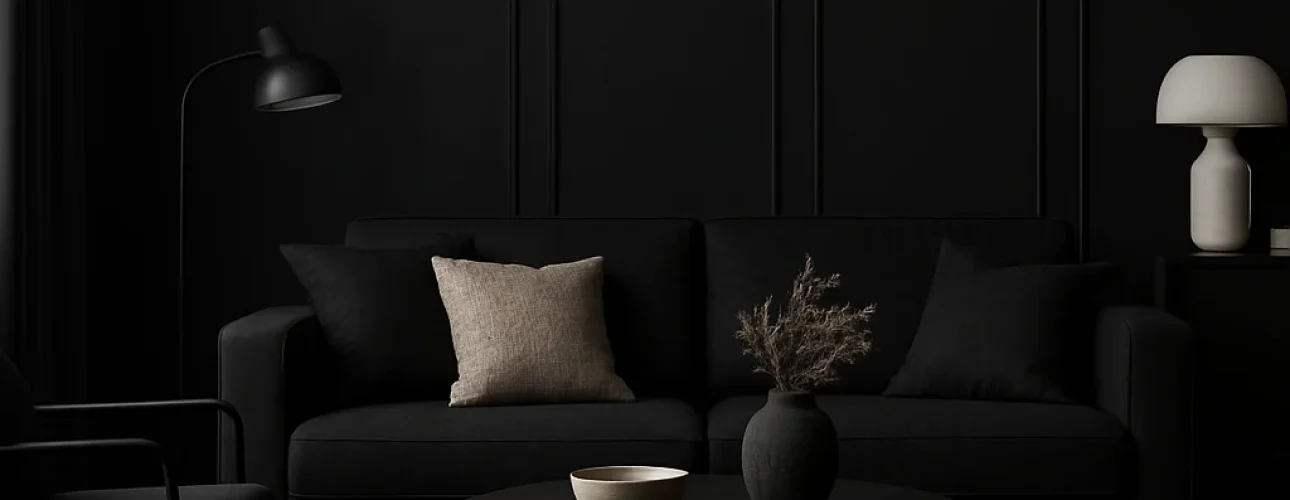 Een moderne woonkamer met donkere muren en meubels onderzoekt de vraag "Is zwart een goede interieurkleur?" met een zwarte bank met beige en zwarte kussens, een ronde salontafel, zwarte fauteuil, staande lamp en witte lamp op een bijzettafel.