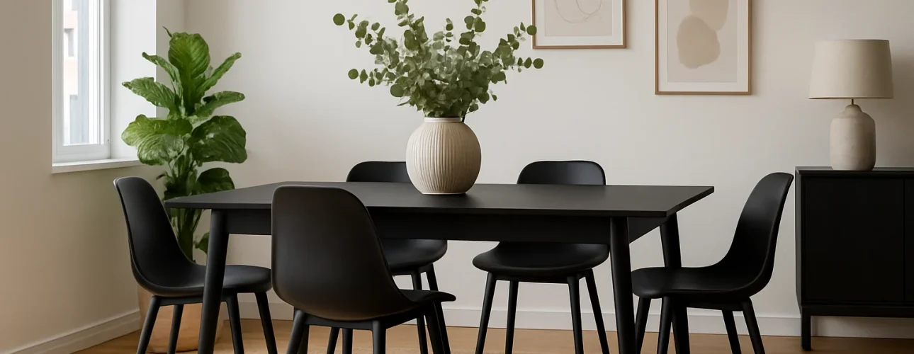 Een moderne eetkamer met een zwarte tafel (is zwart een goede kleur voor een eettafel?), zes zwarte stoelen, een grote witte vaas met groen, lichte muren, ingelijste kunst, een lamp en een hoge kamerplant op een beige vloerkleed met natuurlijk licht van het raam.