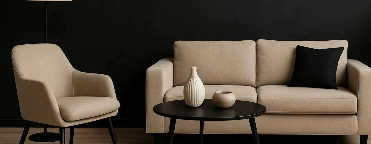 Een moderne woonkamer waar Kan beige op zwart tot zijn recht komt met een beige fauteuil en bijpassende bank, zwarte kussens, ronde zwarte salontafel met vazen en schaal, staande lamp, houten vloer en een matzwarte muur.