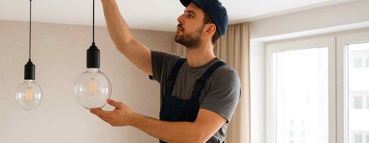 Installateur monteert hanglamp in lichte kamer. Twee lampen met heldere, ronde gloeilampen hangen aan het plafond. Comfort en design.