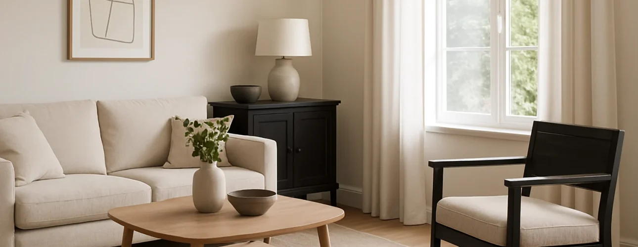 Een moderne, minimalistische woonkamer met een beige bank en zwarte fauteuil laat zien hoe ik lichte en donkere meubels kan combineren. Een lichthouten salontafel, zwart dressoir, lamp, abstracte muurkunst en een groot raam met witte gordijnen maken de neutrale look compleet.