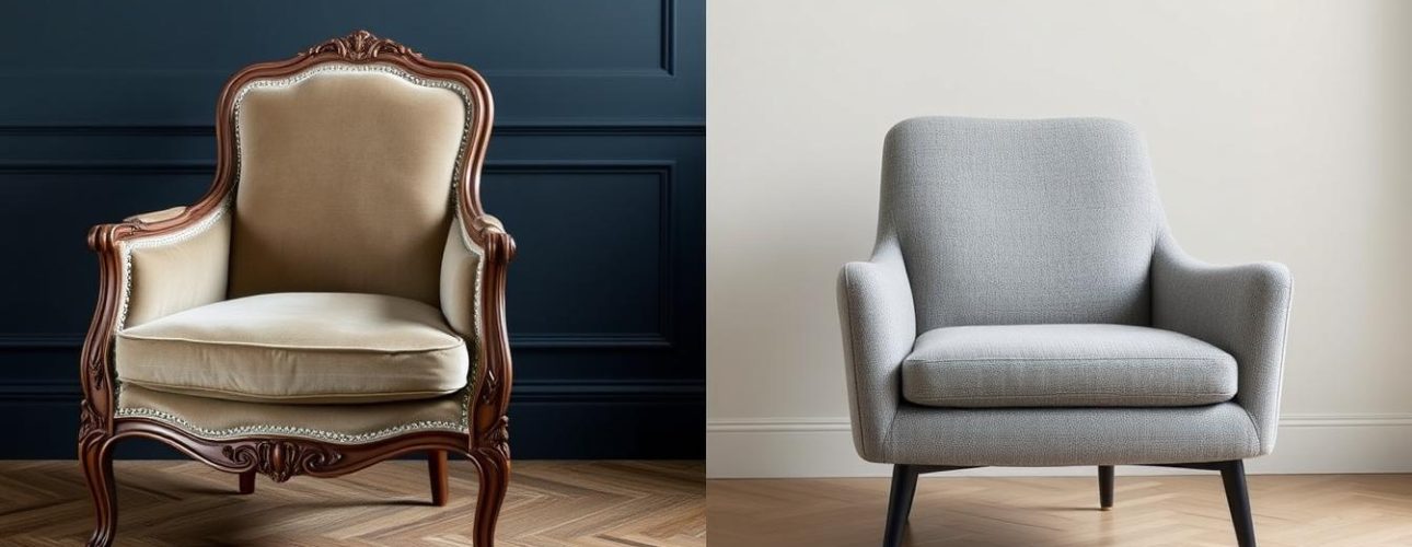 Klassieke Franse fauteuil naast moderne loungestoel