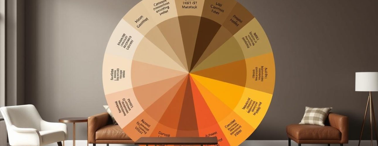 Kleurencirkel met bruine tinten en complementaire kleuren voor eetkamerstoelen bij een bruine bank