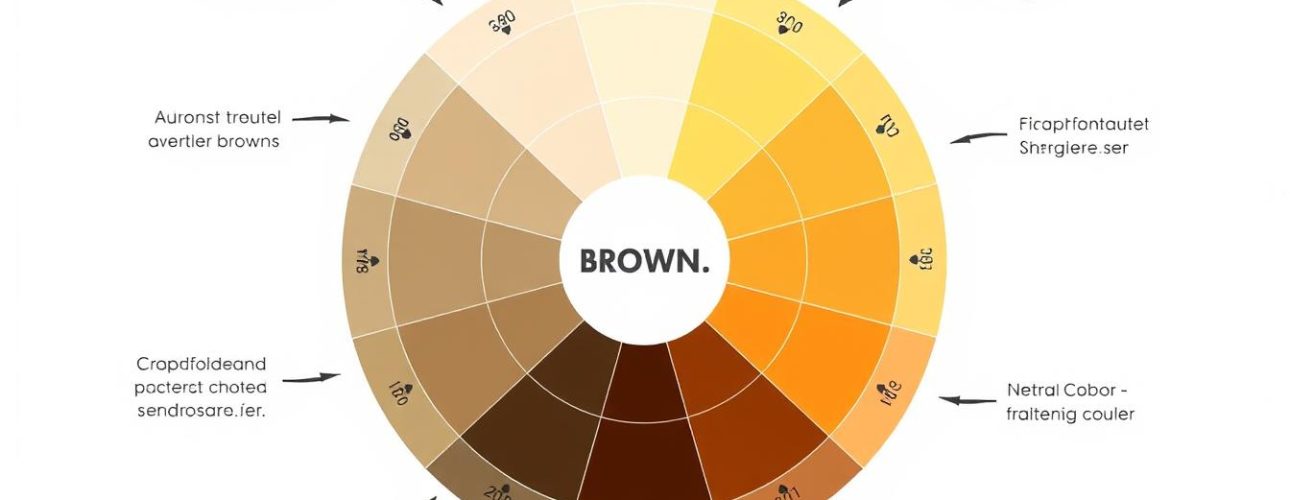 Kleurenwiel met verschillende tinten bruin en hun complementaire kleuren gemarkeerd.