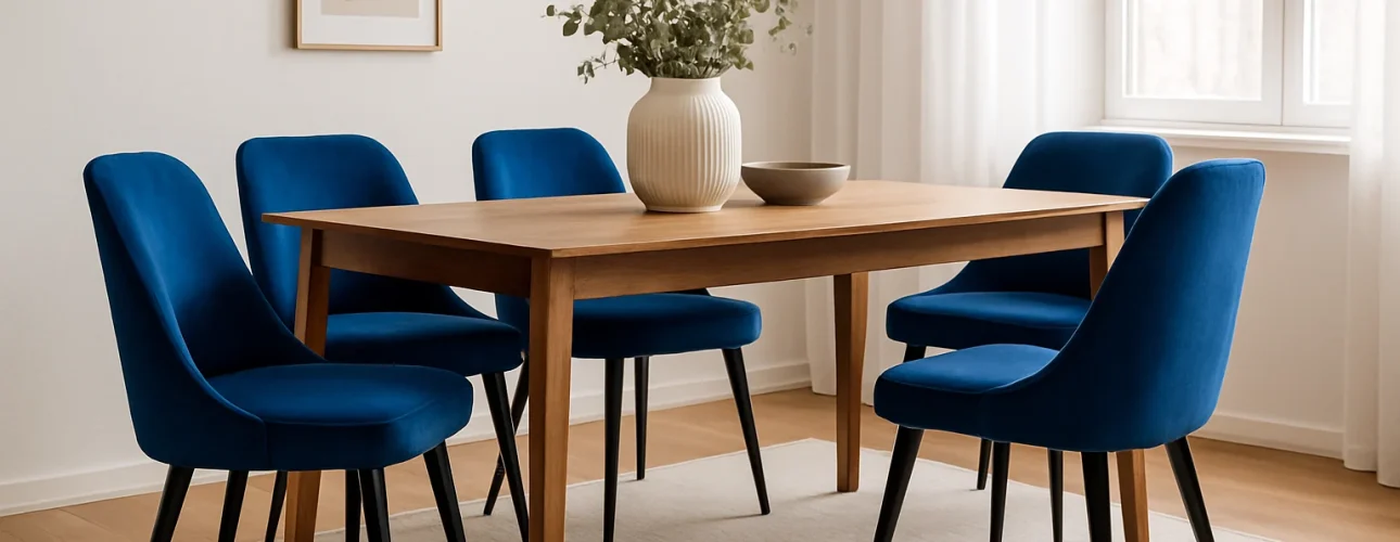 Een houten eettafel met vijf kobaltblauwe eetkamerstoelen staat op een licht vloerkleed in een lichte kamer. Een witte vaas met groen en een schaal staan op tafel. Kunst en gordijnen sieren de neutraal gekleurde ruimte.