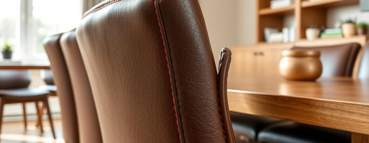 Leren eetkamerstoelen in een moderne eetkamer die de duurzaamheid van leer geschikt voor eetkamerstoelen toont