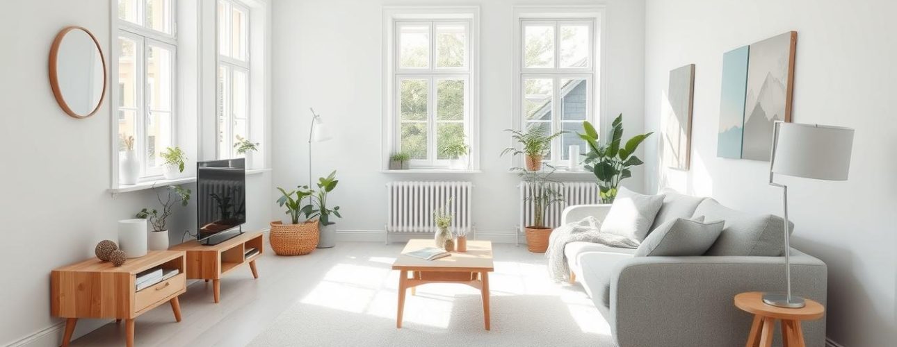 Licht Scandinavisch interieur met een grijze bank, houten meubels en grote ramen.