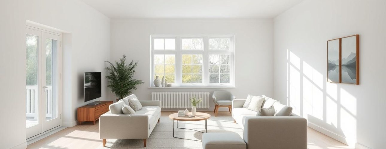 Licht Scandinavisch interieur met een bank, fauteuil en een ronde tafel in een woonkamer met grote ramen.