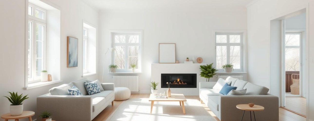 Licht Scandinavisch interieur met twee banken, een haard en planten in de ruimte.