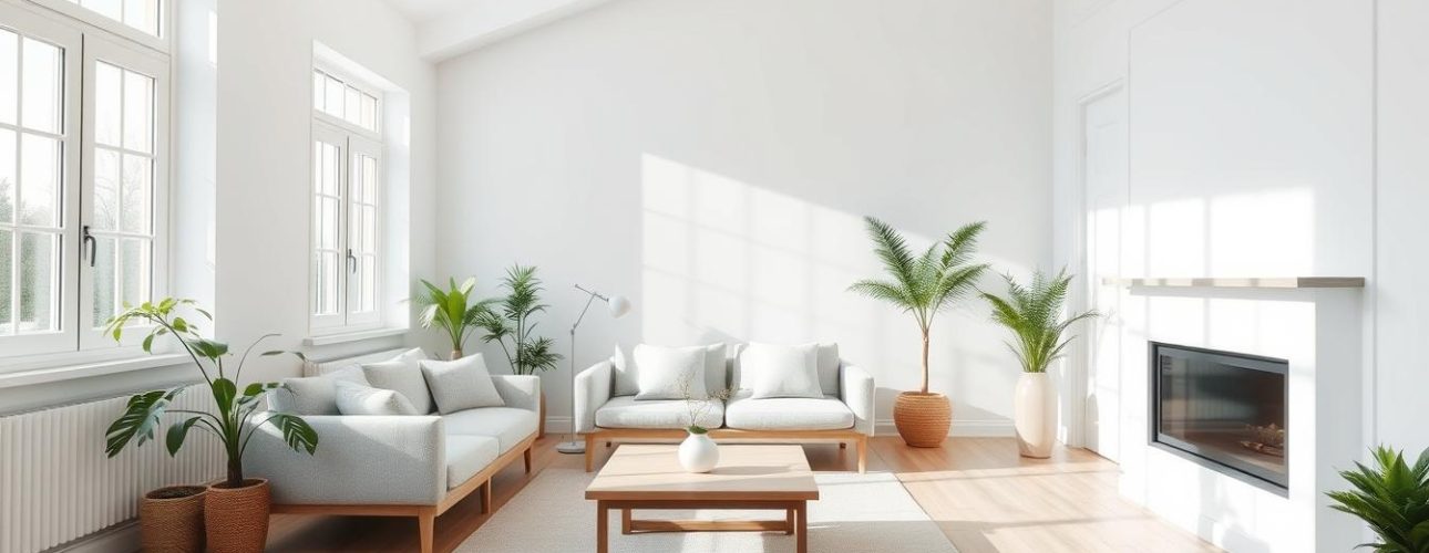 Licht-Scandinavisch-interieur-met-witte-muren-en-natuurlijke-materialen Licht Scandinavisch interieur met een bank, planten en een houten tafel in een woonkamer.