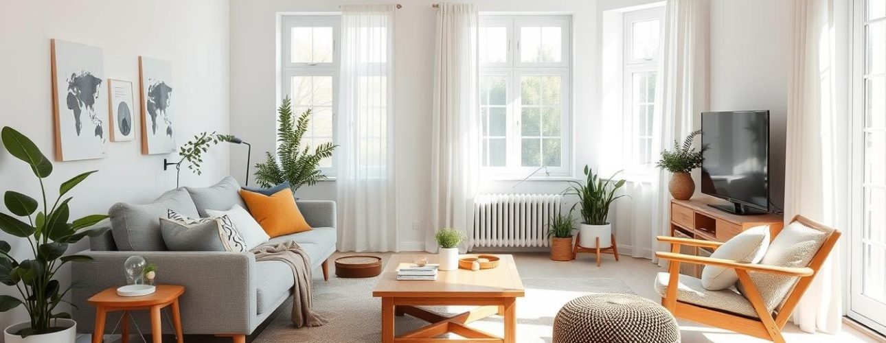 Lichte Scandinavische woonkamer met houten meubels, witte muren en natuurlijke accenten