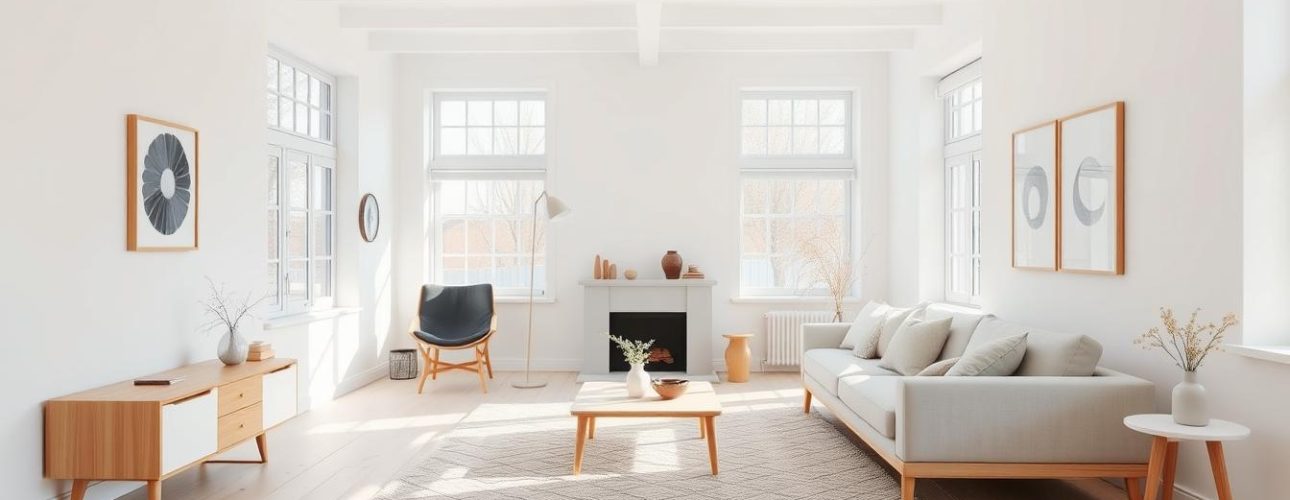 Lichte-Scandinavische-woonkamer-met-witte-muren-en-natuurlijke-houten-elementen Lichte Scandinavische woonkamer met witte muren, houten meubels en een open haard.