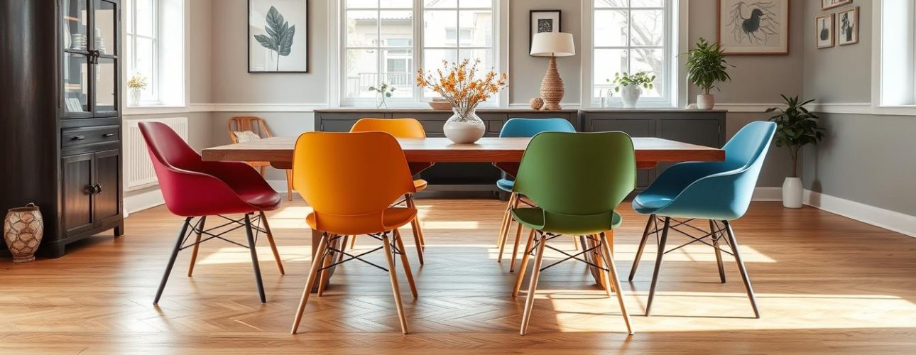 Lichte eetkamer met verschillende kleur eetkamerstoelen rondom een houten tafel
