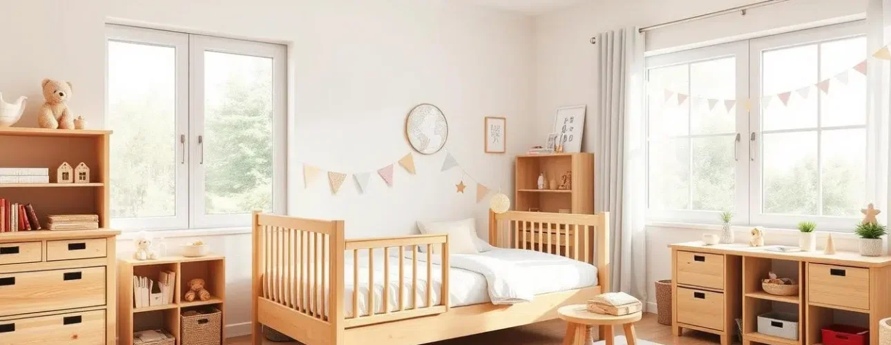 Lichte en vrolijke kinderkamer met natuurlijk hout en pastelkleuren