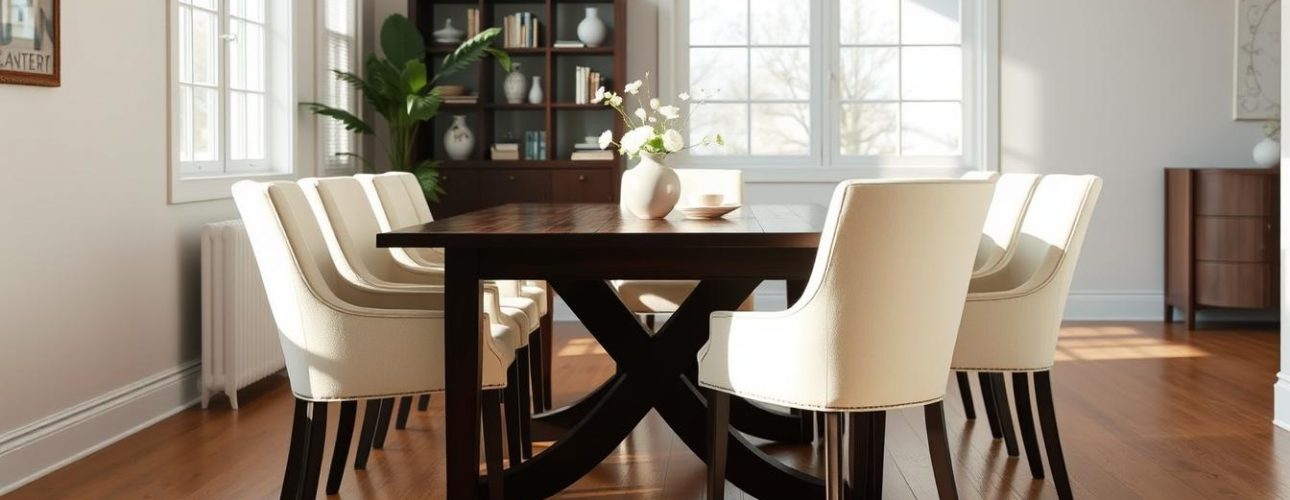 Lichte stoelen bij een donkere tafel creëren een mooi contrast in een moderne eetkamer