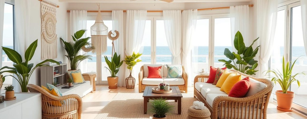 Lichte woonkamer in Bohemische stijl met rotan meubels en natuurlijke accessoires