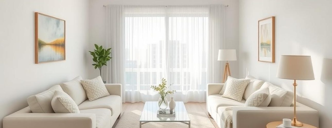 Lichte woonkamer met witte muren en beige meubels die ruimtelijker oogt