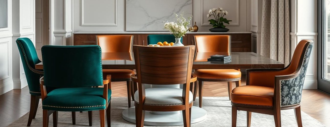 Luxe eetkamerstoelen met verschillende materialen en afwerkingen