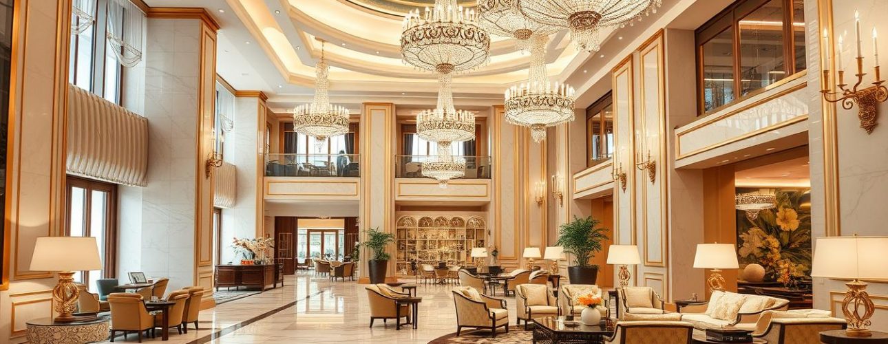 Luxueuze hotellobby met elegante meubels en gouden accenten