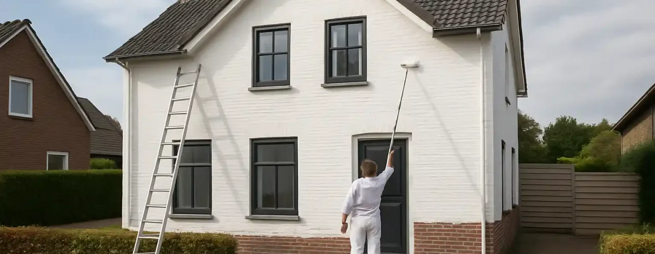 Een persoon in witte kleren verft de buitenmuur van een wit huis met een roller op een paal. Een ladder leunt tegen het huis en een emmer staat op een zeil eronder. De lucht is gedeeltelijk bewolkt-mag ik mijn huis wit schilderen?.