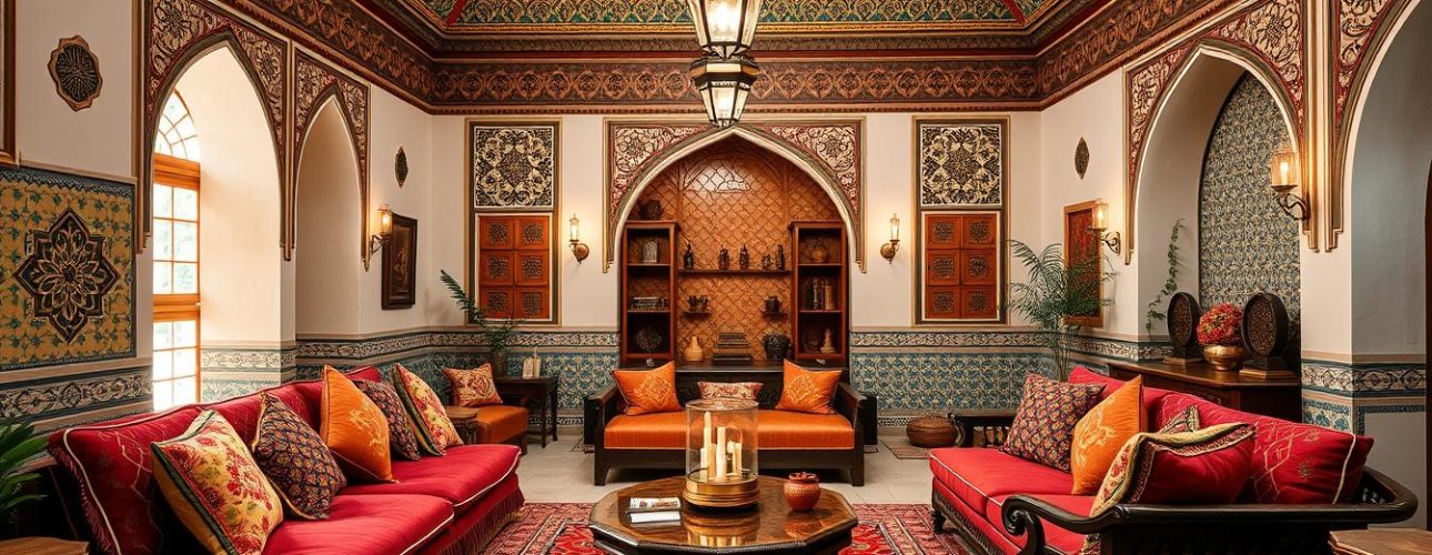 Marokkaanse woonkamer met kleurrijke kussens, geometrische patronen en traditionele lantaarns