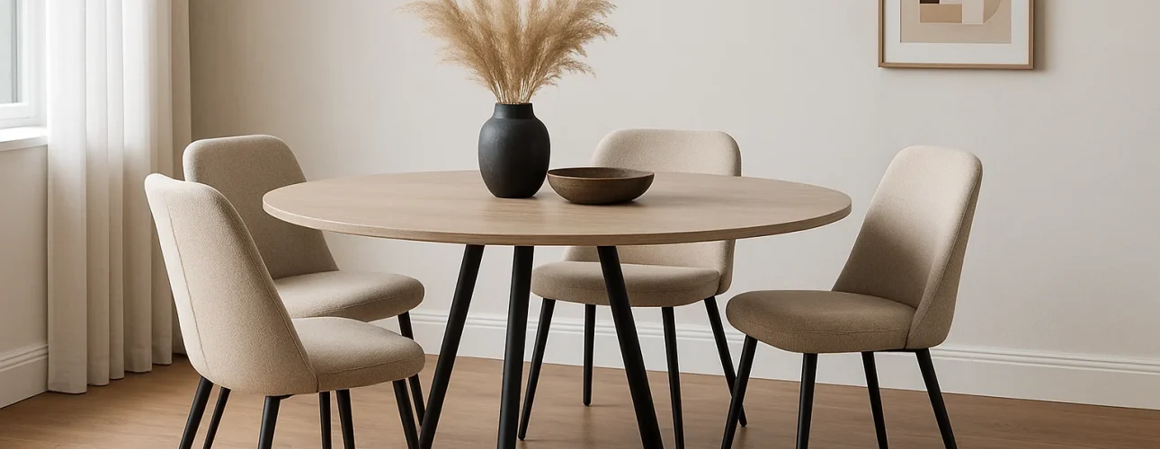 Een moderne eethoek met een ronde houten tafel, vier beige gestoffeerde stoelen-met deze tips combineer je beige prachtig-plus een zwarte vaas met pampagras, een houten schaal, neutrale muren, abstracte kunst en witte gordijnen.