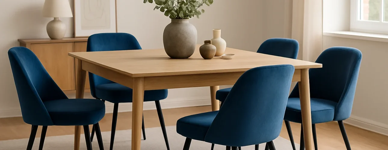Een moderne eetkamer met een lichte houten tafel, vijf blauw gestoffeerde stoelen-met deze tips combineer je blauwe tinten stijlvol-plus een vaas met groen als middelpunt. Zacht natuurlijk licht, een minimalistische inrichting, een dressoir en ingelijste kunstwerken maken de look compleet.