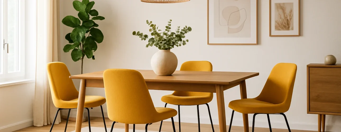 Een moderne eetkamer met een houten tafel, vier gele stoelen en een middenstuk van potplanten. Met deze tips combineer je minimalistische wandkunst, een gevlochten hanglamp en veel natuurlijk licht voor een frisse, stijlvolle sfeer.