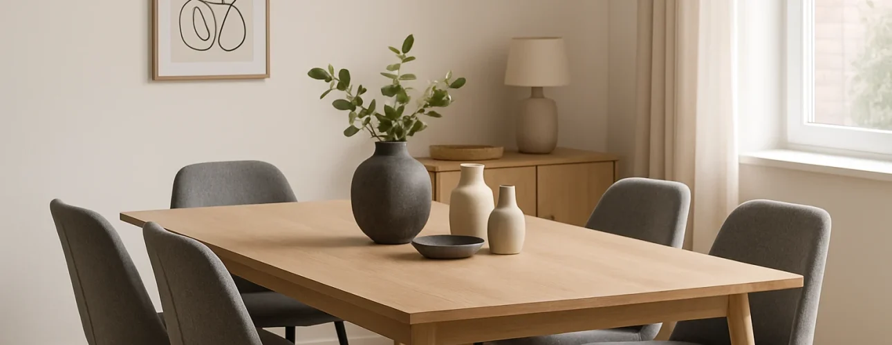 Een moderne eetkamer met een lichte houten tafel, zes grijze stoelen-met deze tips combineer je grijze accenten moeiteloos-minimalistische vazen en schaal, een hanglamp, abstracte kunst aan de muur en natuurlijk licht door vitrage.