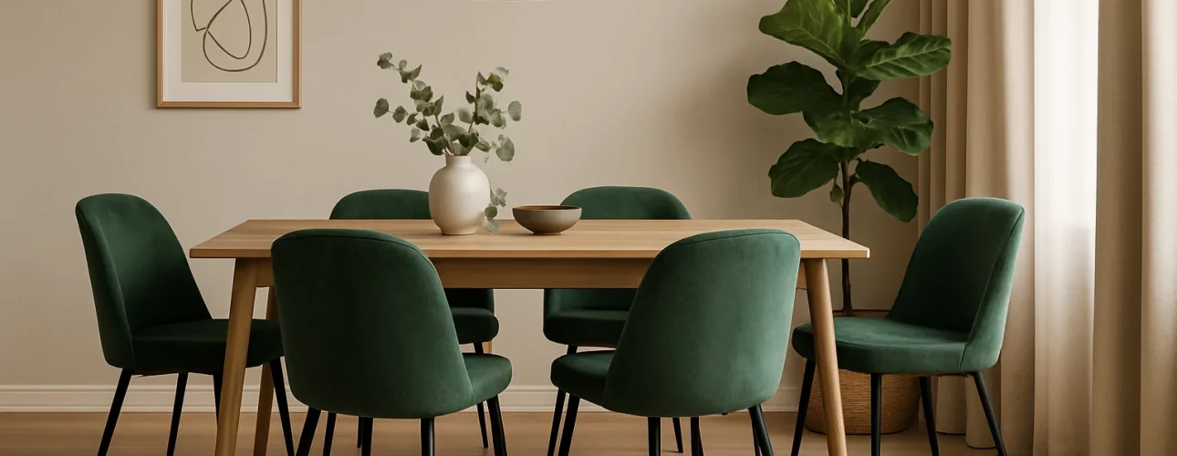 Minimalistische eetkamer met een blonde houten tafel, zes groene fluwelen stoelen, een witte hanglamp en abstracte muurkunst. Met deze tips combineer je eenvoud met comfort voor een moderne en gezellige sfeer.