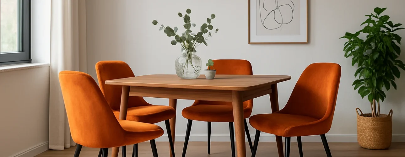 Een moderne eetkamer met een houten tafel, vier oranje stoelen-hoe kies je de juiste oranje eetkamerstoelen-zwarte hanglamp, vaas met groen, abstracte muurkunst, potplant en een groot raam met witte gordijnen.